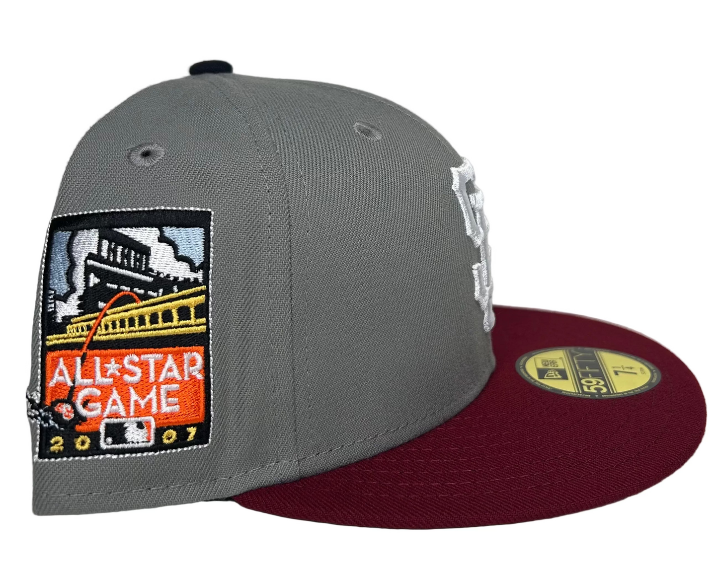 New Era San Francisco Giants 59FIFTY fitted hat featuring a gray crown, red brim, and a 2007 All-Star Game patch.
