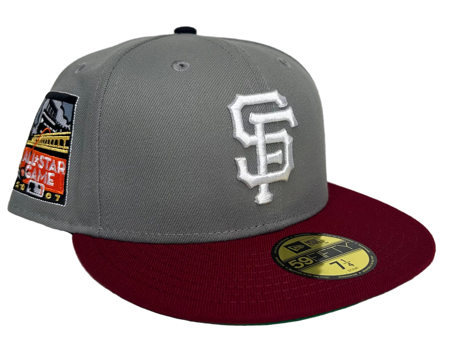 New Era San Francisco Giants 59FIFTY fitted hat featuring a gray crown, red brim, and a 2007 All-Star Game patch.