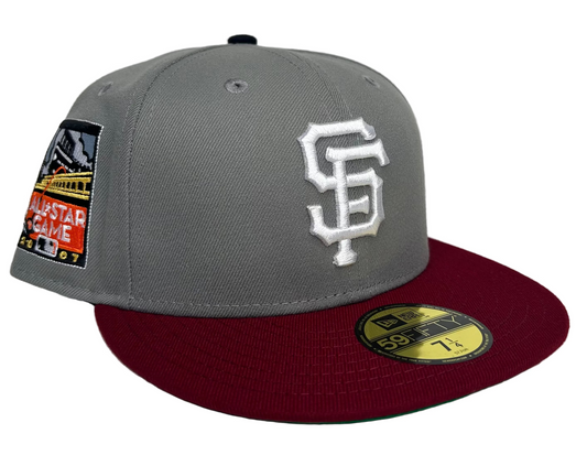 New Era San Francisco Giants 59FIFTY fitted hat featuring a gray crown, red brim, and a 2007 All-Star Game patch.