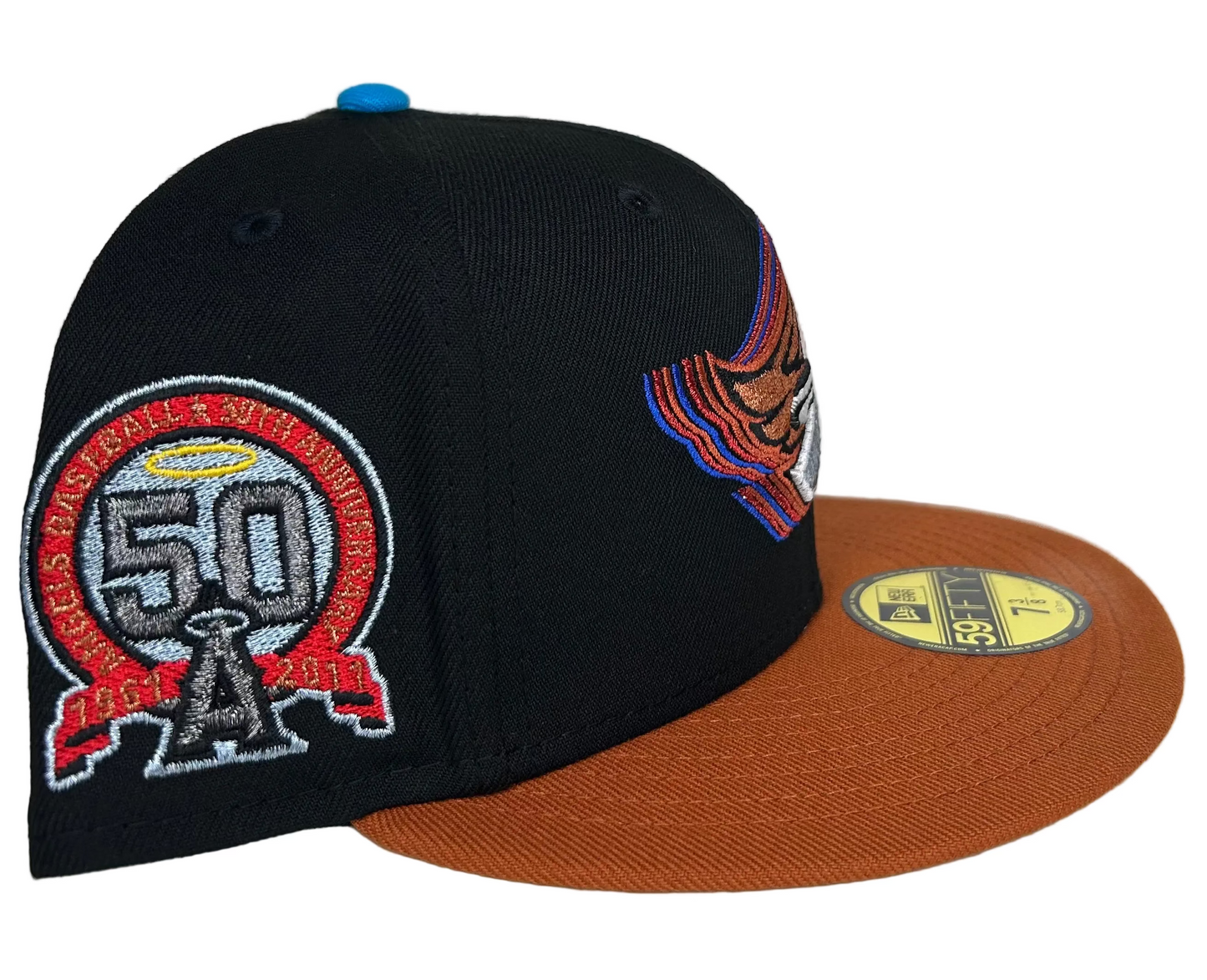 New Era 59Fifty fitted hat featuring a Los Angeles Angels "wing" logo and a 50th Anniversary side patch.