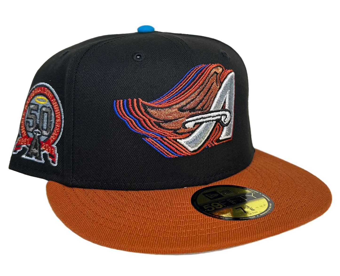 New Era 59Fifty fitted hat featuring a Los Angeles Angels "wing" logo and a 50th Anniversary side patch.