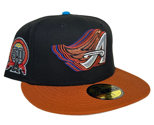 New Era 59Fifty fitted hat featuring a Los Angeles Angels "wing" logo and a 50th Anniversary side patch.