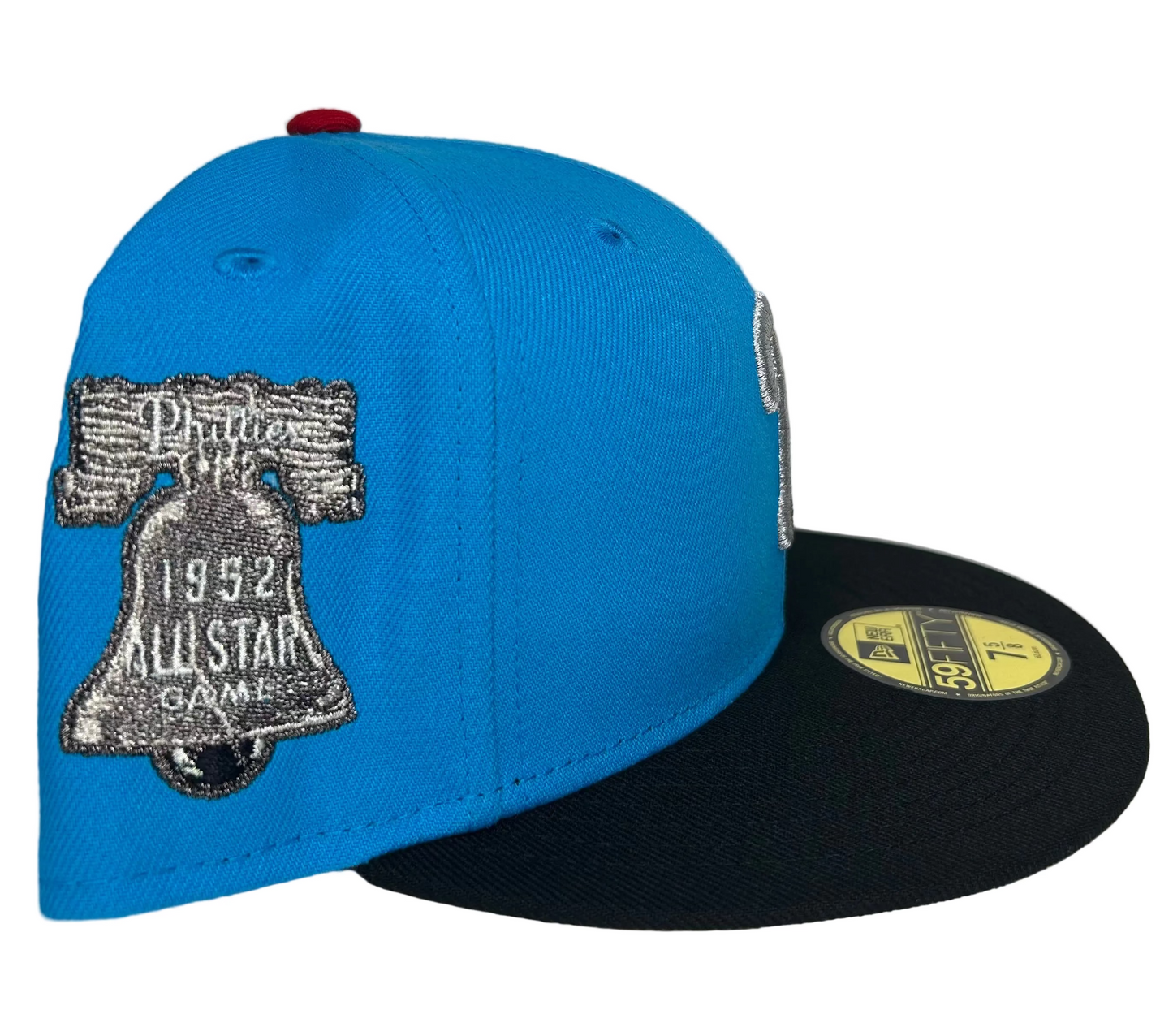 New Era Philadelphia Phillies 59FIFTY fitted hat featuring a light blue crown, black visor, and a 1952 All-Star Game patch.