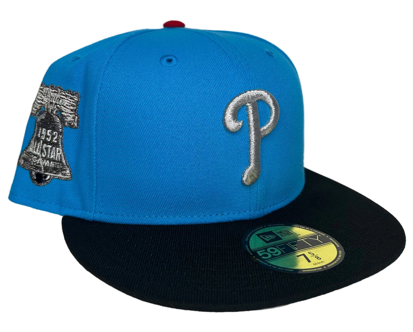 New Era Philadelphia Phillies 59FIFTY fitted hat featuring a light blue crown, black visor, and a 1952 All-Star Game patch.