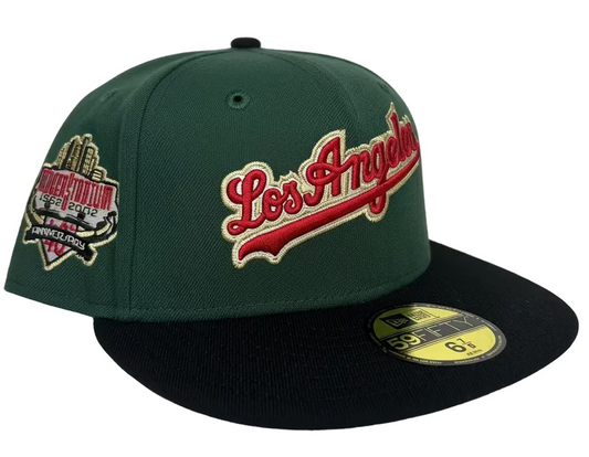 New Era 59Fifty Los Angeles Dodgers fitted hat featuring a dark green crown, black visor, red script embroidery, and a 40th-anniversary stadium side patch.