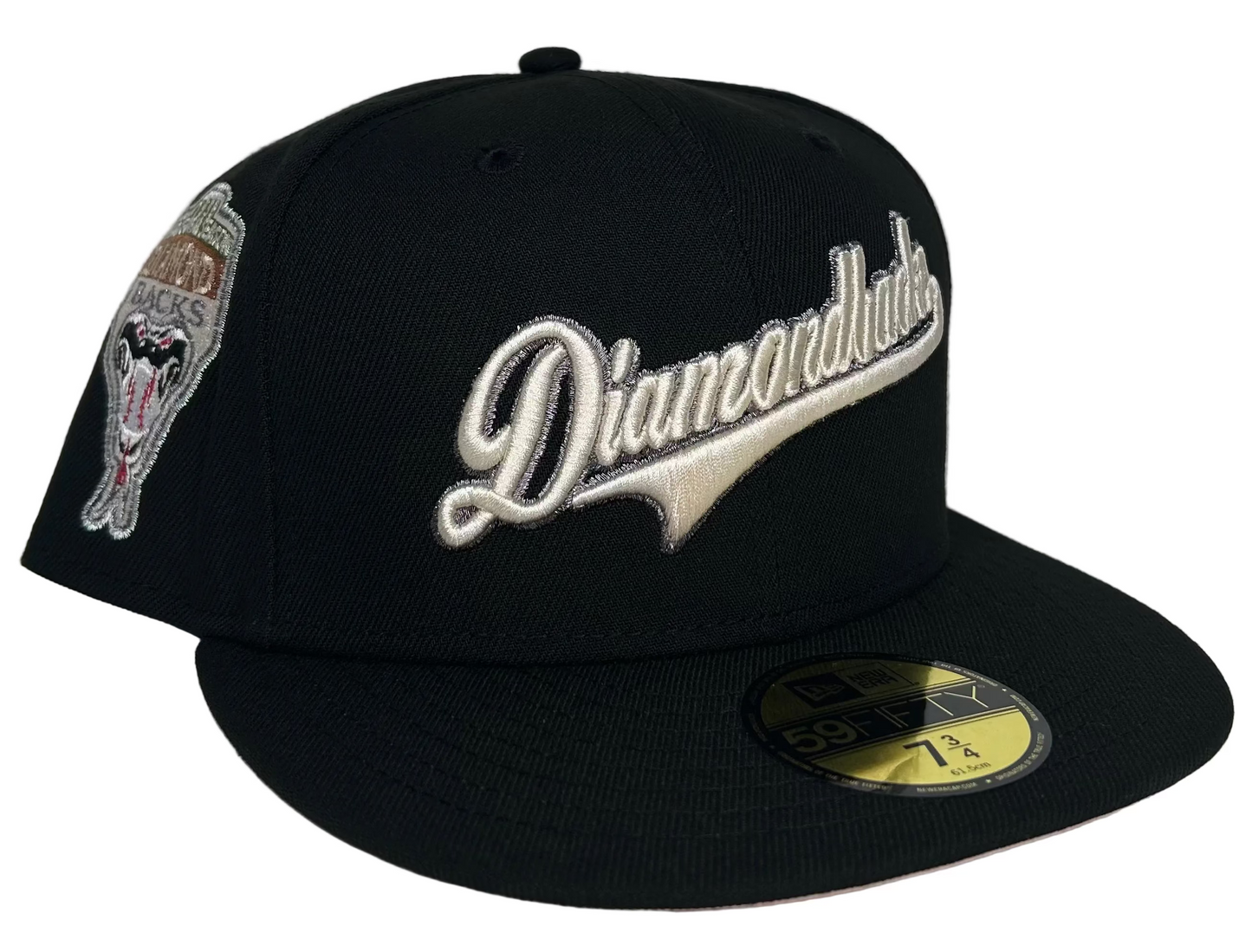 New Era 59FIFTY Arizona Diamondbacks fitted hat in black featuring a "Diamondbacks" script logo on the front and a commemorative side patch.