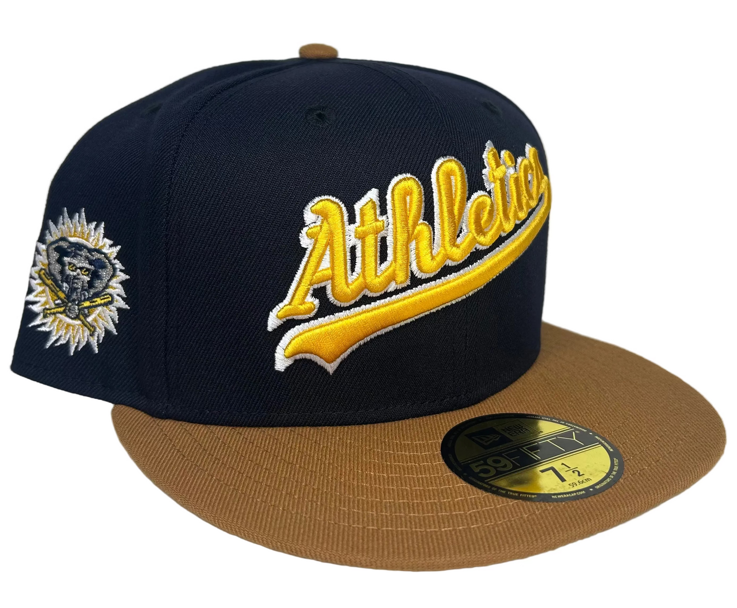 New Era Oakland Athletics 59FIFTY fitted hat featuring a navy crown, khaki visor, and a Stomper patch on the side.