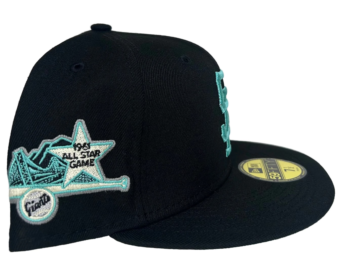 New Era San Francisco Giants 59FIFTY fitted hat featuring a 1984 All-Star Game patch and teal embroidery.