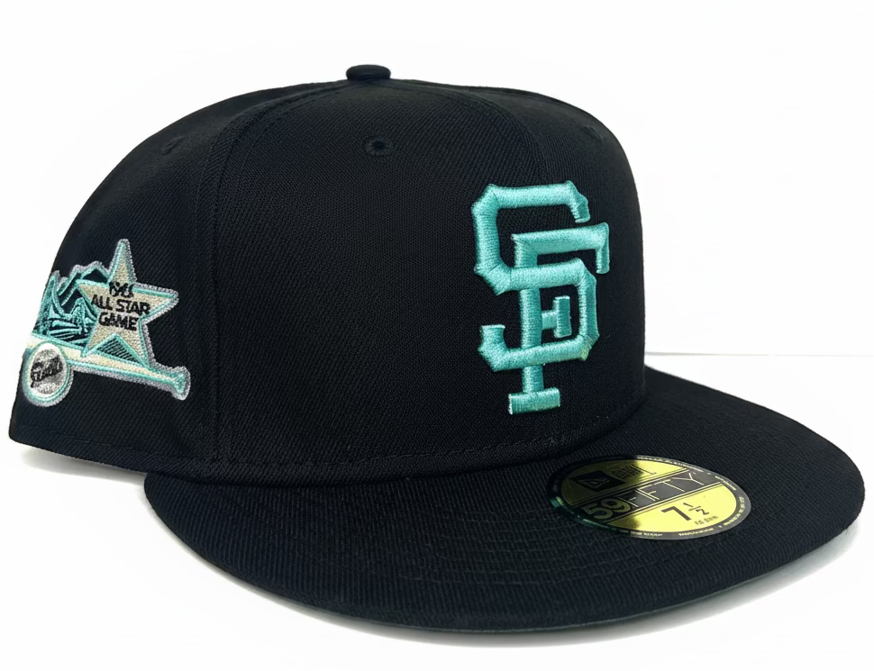 New Era San Francisco Giants 59FIFTY fitted hat featuring a 1984 All-Star Game patch and teal embroidery.