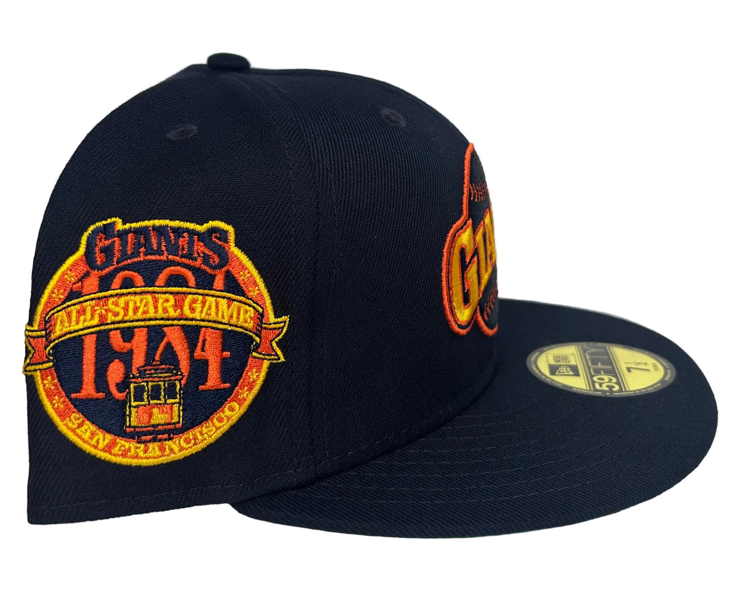 New Era 59FIFTY San Francisco Giants navy fitted hats featuring a 1984 All-Star Game side patch.