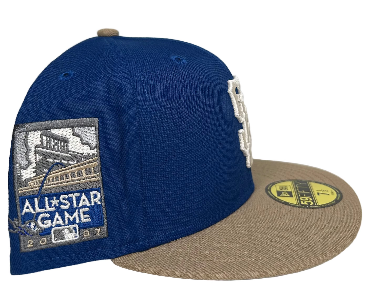 New Era San Francisco Giants 59FIFTY fitted hat featuring a royal blue crown, khaki brim, and a 2007 All-Star Game side patch.