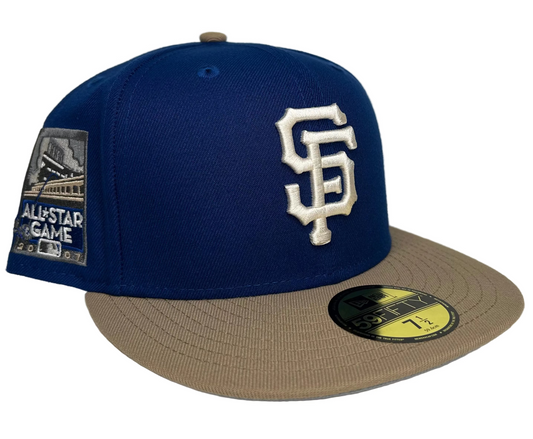 New Era San Francisco Giants 59FIFTY fitted hat featuring a royal blue crown, khaki brim, and a 2007 All-Star Game side patch.