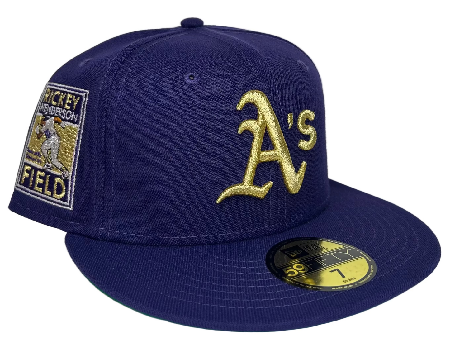 New Era "Tech" Oakland Athletics 59FIFTY fitted hat in royalty purple with metallic gold accents.