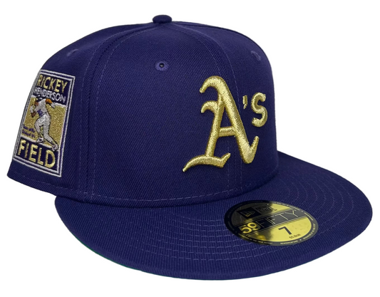 New Era "Tech" Oakland Athletics 59FIFTY fitted hat in royalty purple with metallic gold accents.