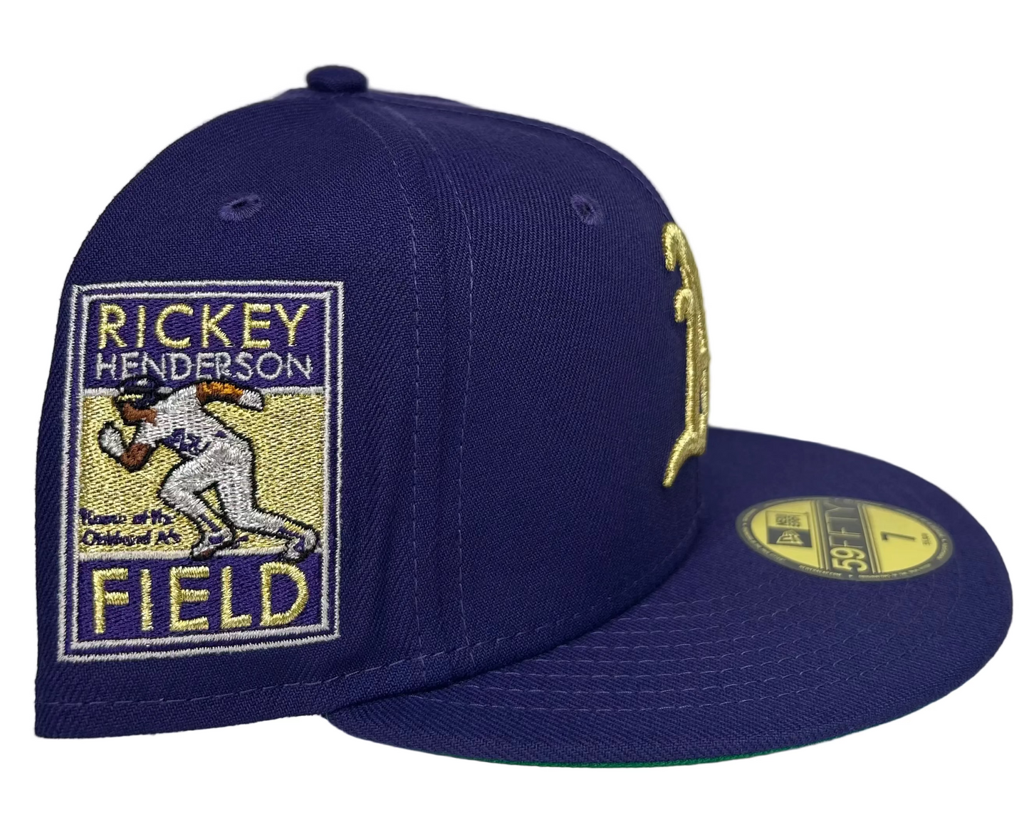 New Era "Tech" Oakland Athletics 59FIFTY fitted hat in royalty purple with metallic gold accents.
