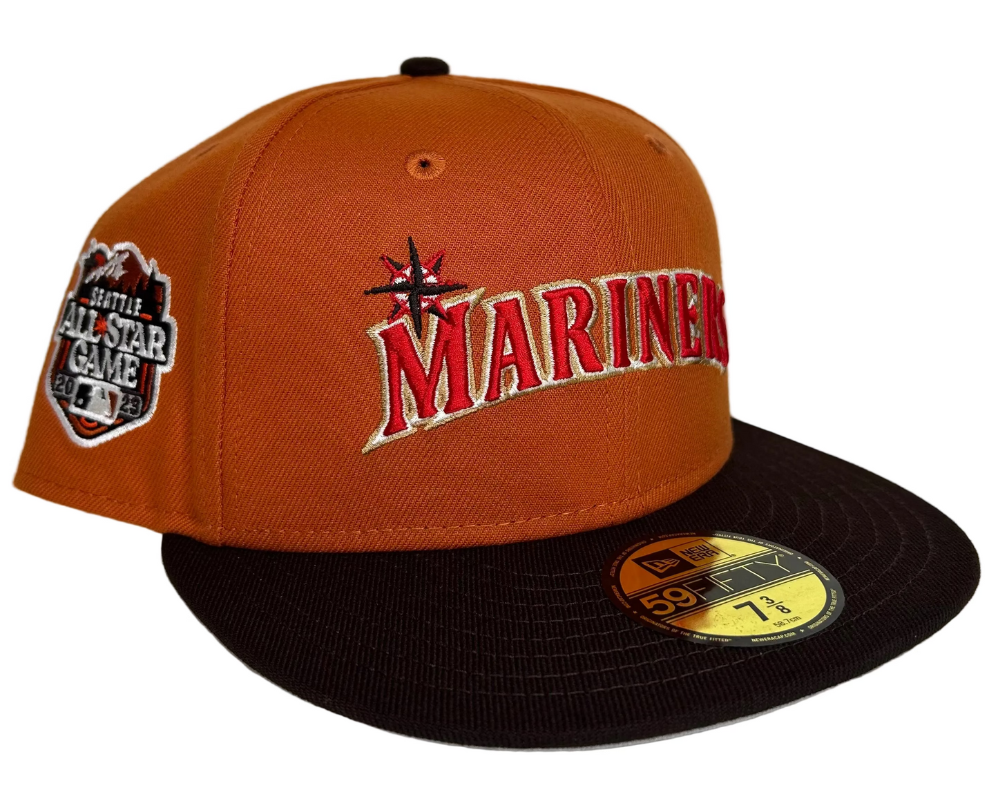 New Era Seattle Mariners 59FIFTY fitted hat with a burnt orange crown and a brown visor, commemorating the 2023 All-Star Game.