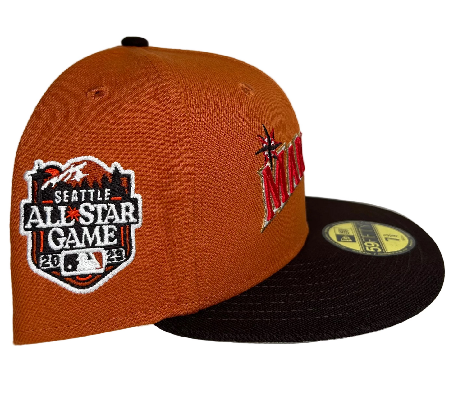 New Era Seattle Mariners 59FIFTY fitted hat with a burnt orange crown and a brown visor, commemorating the 2023 All-Star Game.