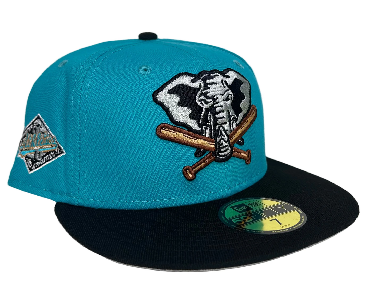 New Era Oakland Athletics 59FIFTY fitted hat featuring a teal crown, black visor, and a special 25th Anniversary side patch.
