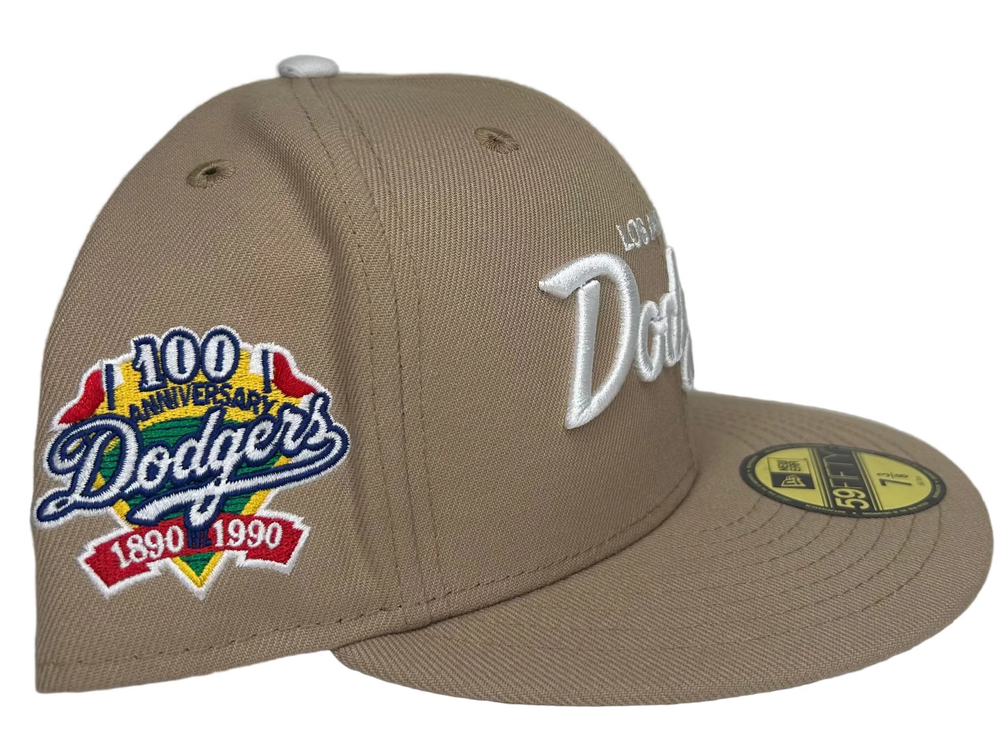 New Era Los Angeles Dodgers 59FIFTY fitted cap in a khaki tan colorway with a 100th anniversary side patch.
