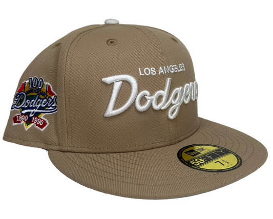 New Era Los Angeles Dodgers 59FIFTY fitted cap in a khaki tan colorway with a 100th anniversary side patch.