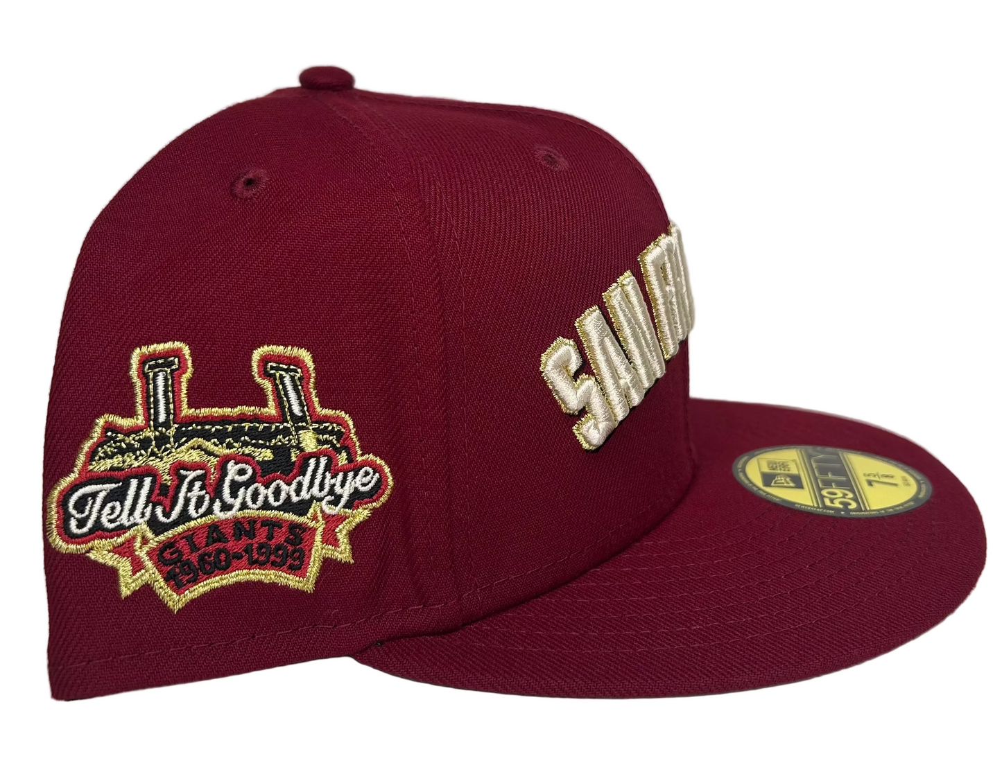 New Era San Francisco Giants 59Fifty fitted hat featuring a metallic gold "San Francisco" wordmark and a "Tell It Goodbye" side patch.