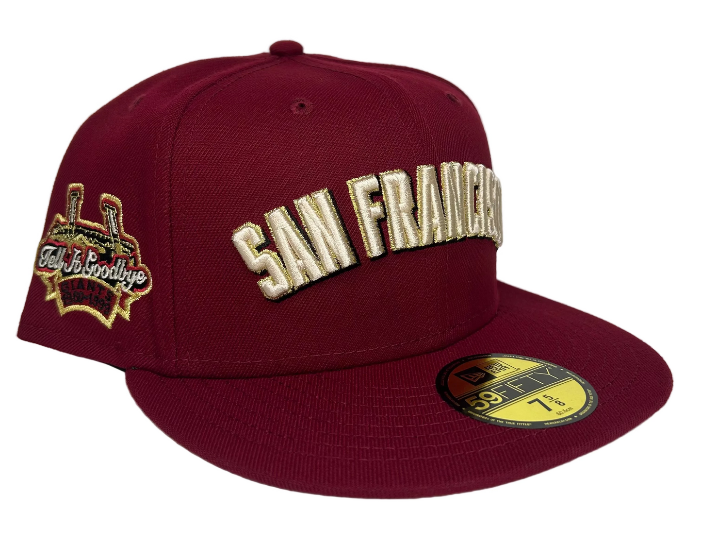 New Era San Francisco Giants 59Fifty fitted hat featuring a metallic gold "San Francisco" wordmark and a "Tell It Goodbye" side patch.