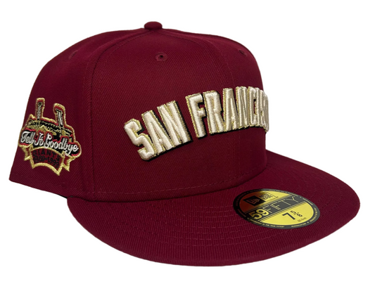 New Era San Francisco Giants 59Fifty fitted hat featuring a metallic gold "San Francisco" wordmark and a "Tell It Goodbye" side patch.