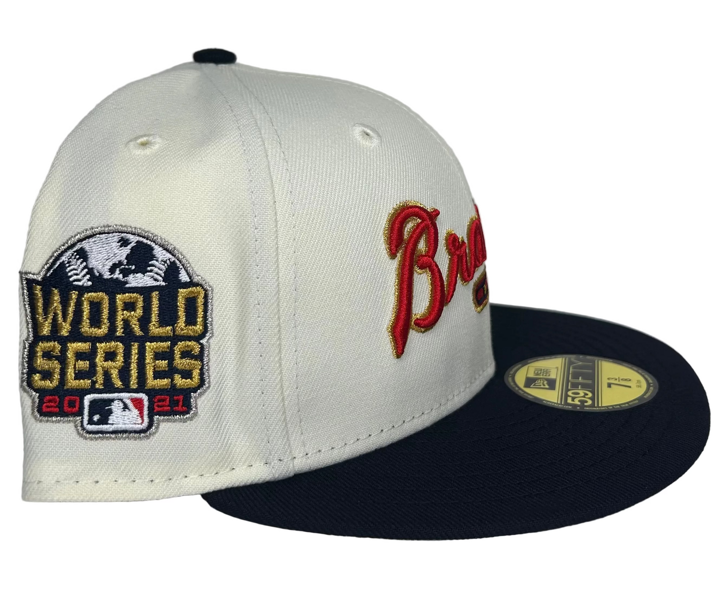 HC Exclusive New Era Atlanta Braves 2021 World Series off-white script fitted hat.