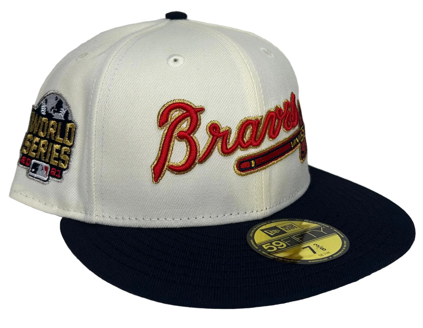 HC Exclusive New Era Atlanta Braves 2021 World Series off-white script fitted hat.