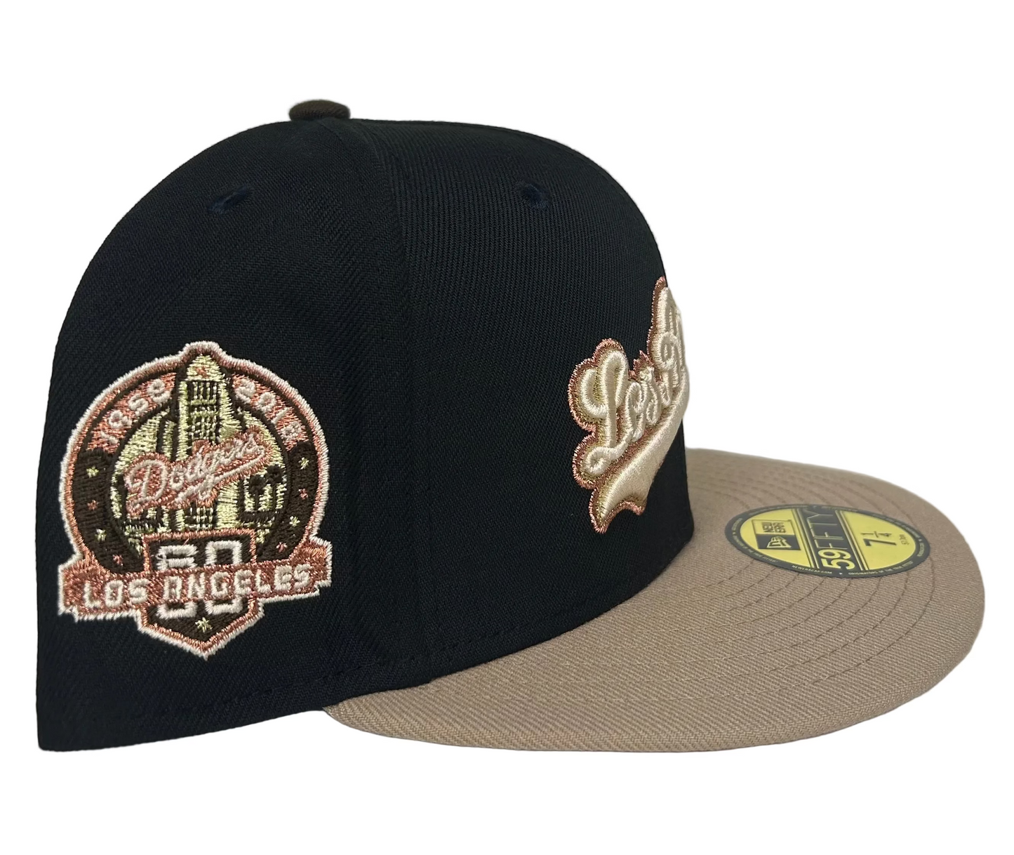 LOS ANGELES DODGERS 50 YEARS NEW ERA 59FIFTY FITTED HAT (BLACK CAMEL GRAY UNDER BRIM