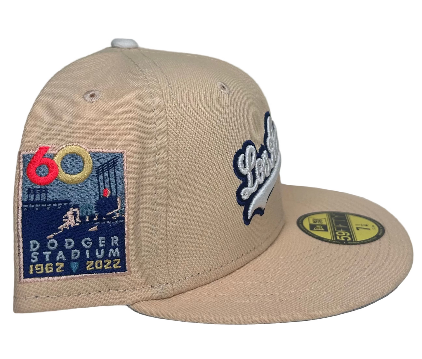 New Era Los Angeles Dodgers 60th Anniversary Script 59FIFTY fitted hat in a khaki or "mango mocha" colorway.
