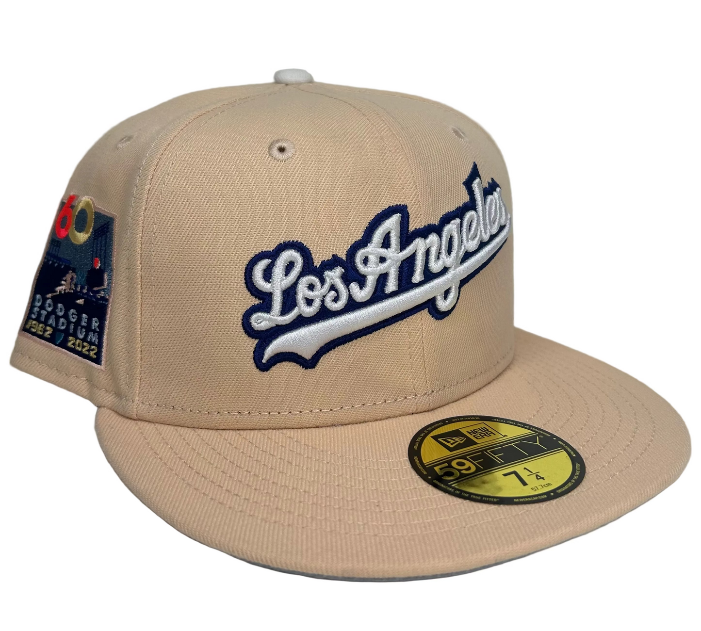 New Era Los Angeles Dodgers 60th Anniversary Script 59FIFTY fitted hat in a khaki or "mango mocha" colorway.