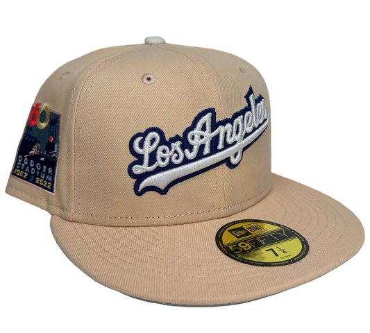 New Era Los Angeles Dodgers 60th Anniversary Script 59FIFTY fitted hat in a khaki or "mango mocha" colorway.