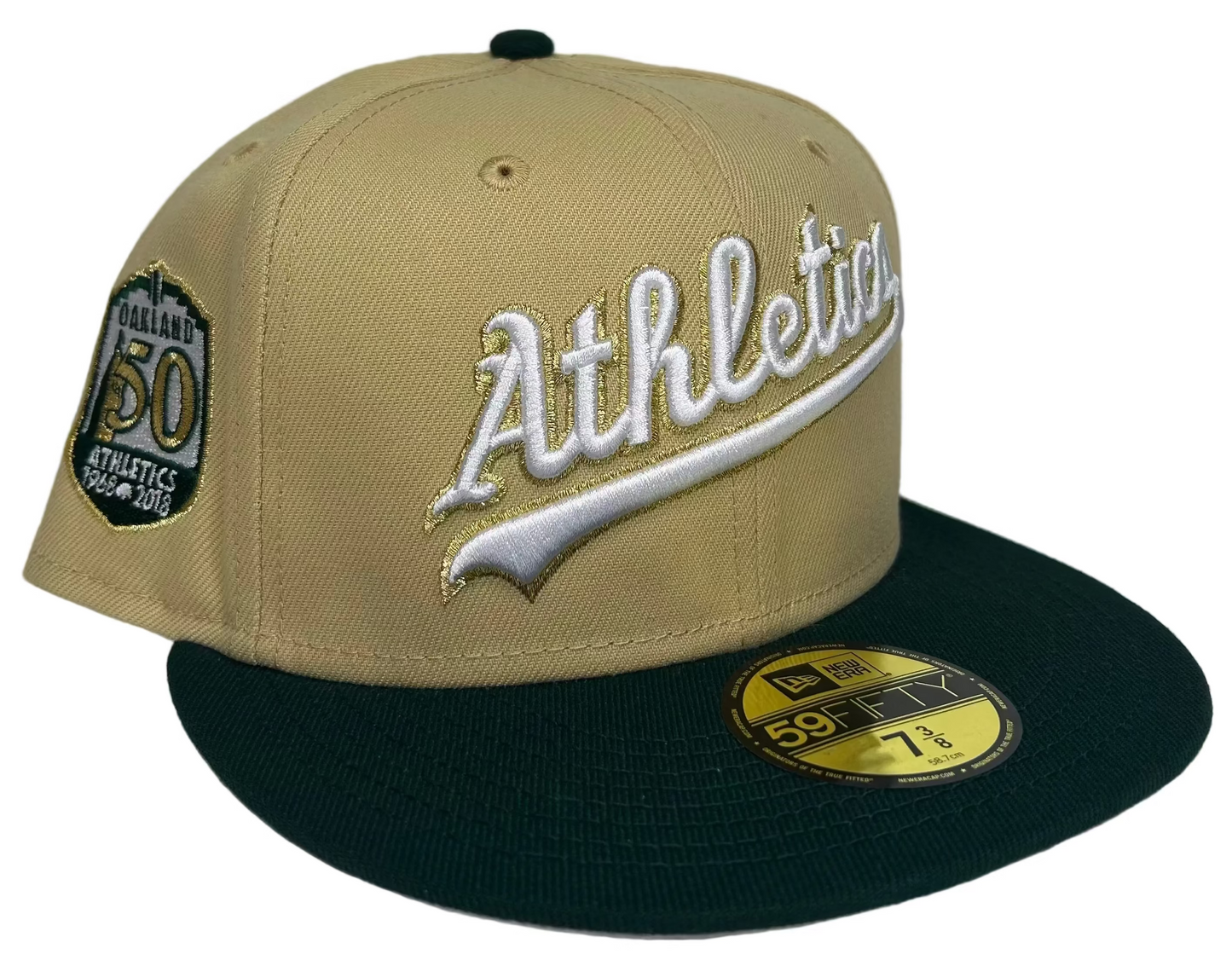NEW ERA OAKLAND ATHLETICS 50TH ANNIVERSARY VEGAS GOLD PRIME TWO TONE EDITION 59FIFTY FITTED HAT.