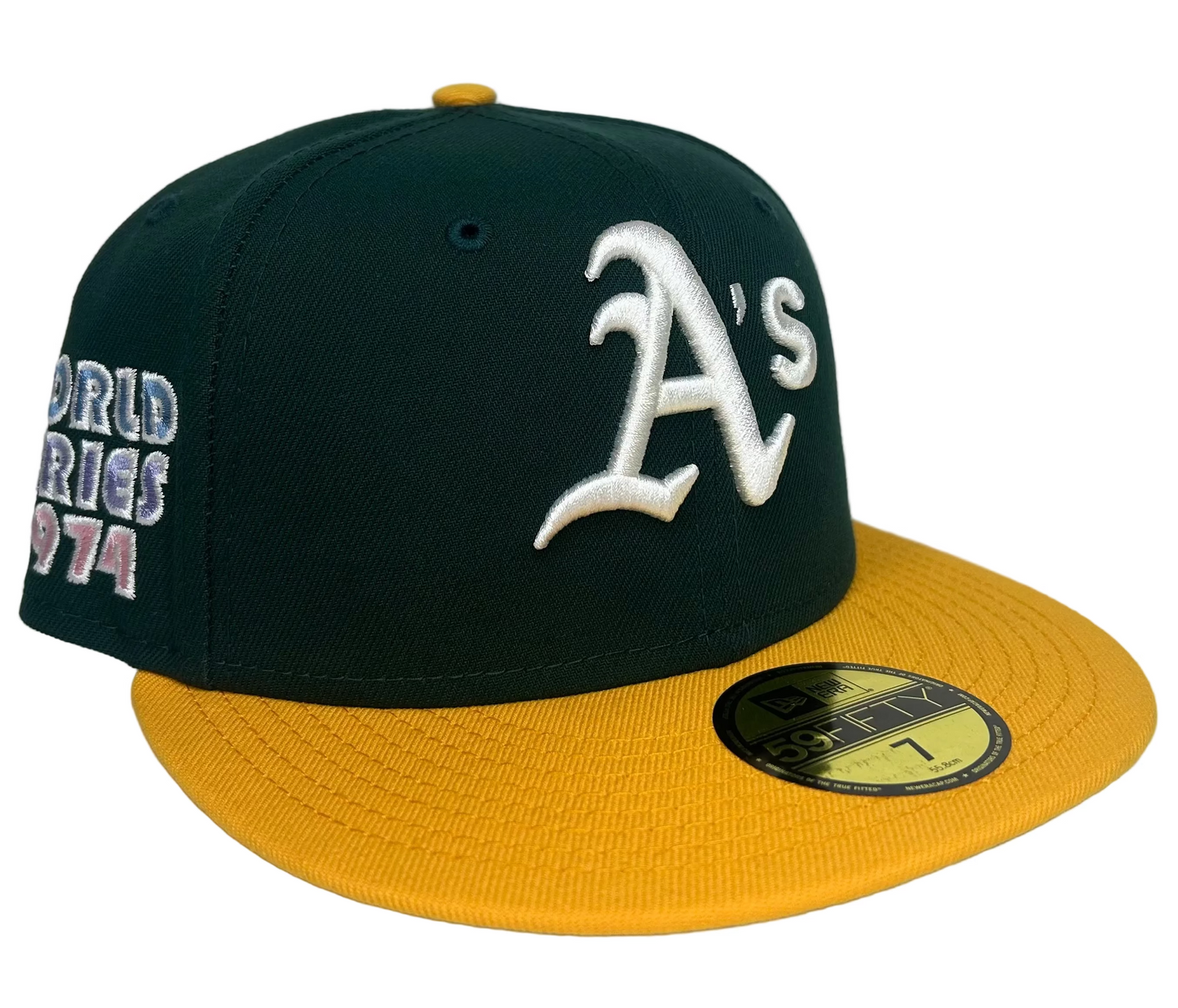 Oakland Athletics “Pop Sweat" 1974 World Series New Era 59Fifty Fitted Hat Green/Gold & Lavender UV.