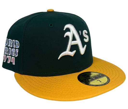 Oakland Athletics “Pop Sweat" 1974 World Series New Era 59Fifty Fitted Hat Green/Gold & Lavender UV.