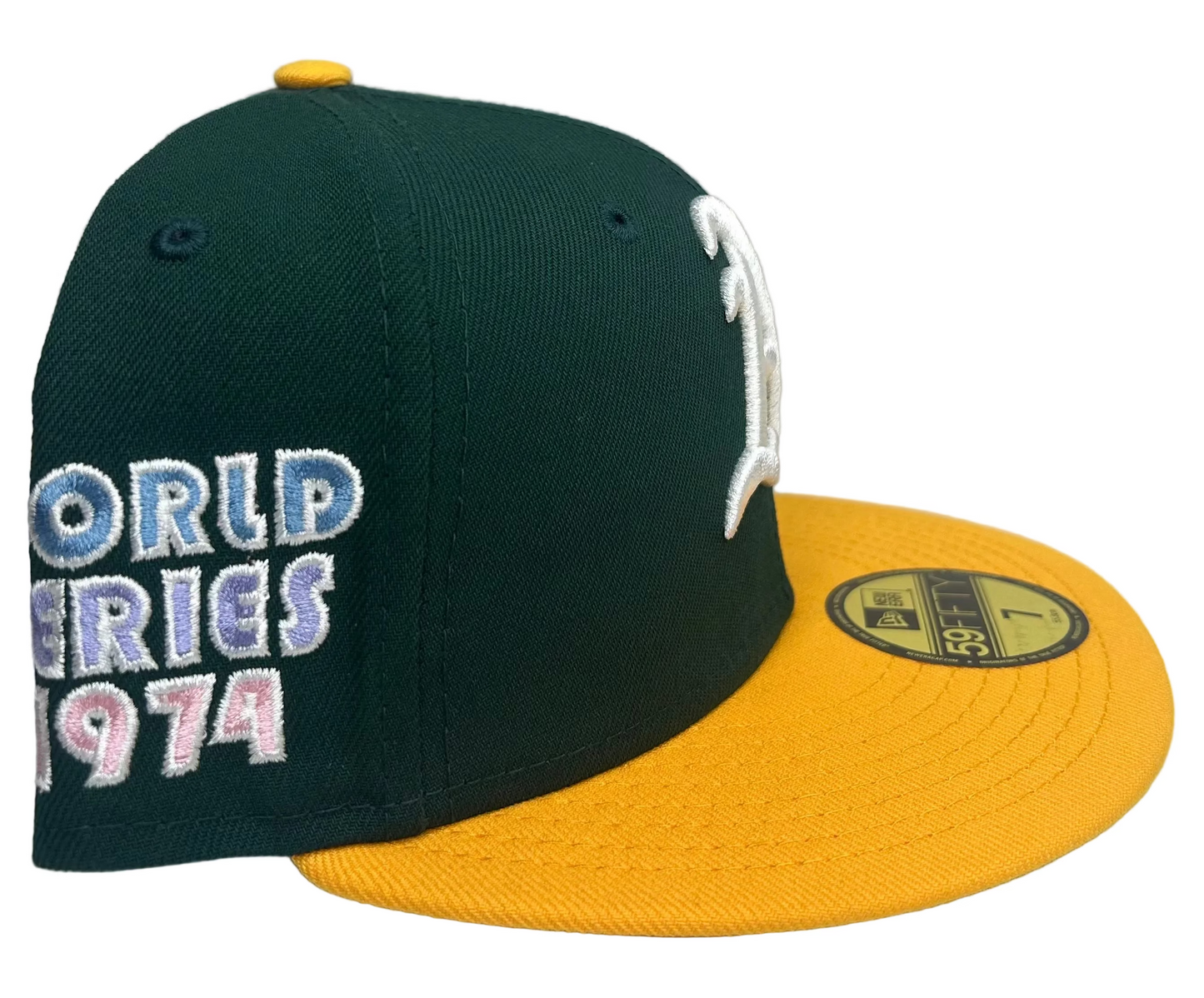 Oakland Athletics “Pop Sweat" 1974 World Series New Era 59Fifty Fitted Hat Green/Gold & Lavender UV.