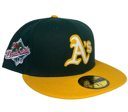 Dark Green Oakland Athletics Yellow Visor Gray Bottom 1989 World Series Side Patch Letterman New Era 59FIFTY Fitted.