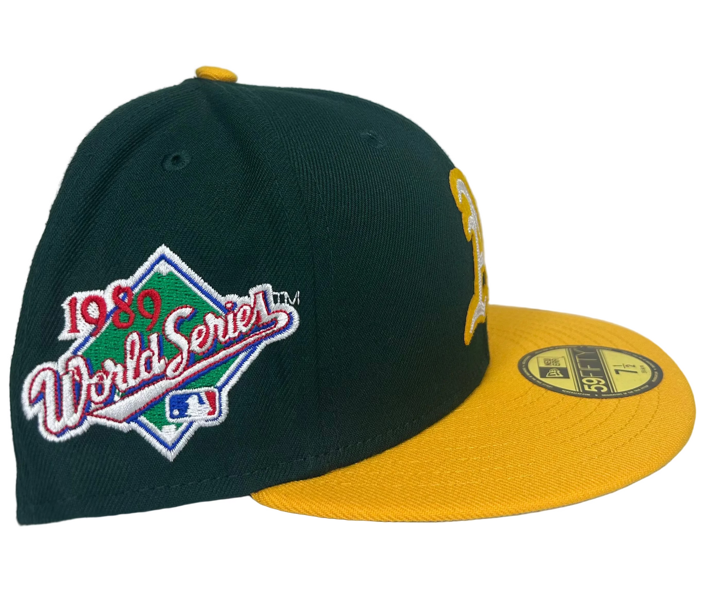 Dark Green Oakland Athletics Yellow Visor Gray Bottom 1989 World Series Side Patch Letterman New Era 59FIFTY Fitted.