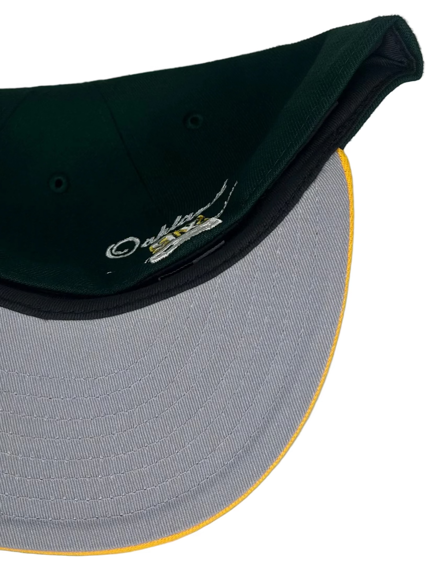 Dark Green Oakland Athletics Yellow Visor Gray Bottom 1989 World Series Side Patch Letterman New Era 59FIFTY Fitted.