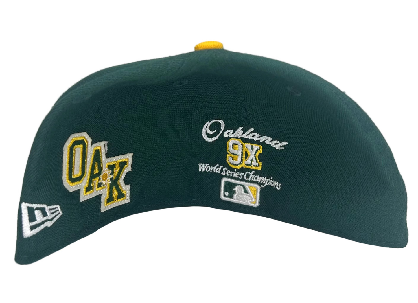 Dark Green Oakland Athletics Yellow Visor Gray Bottom 1989 World Series Side Patch Letterman New Era 59FIFTY Fitted.