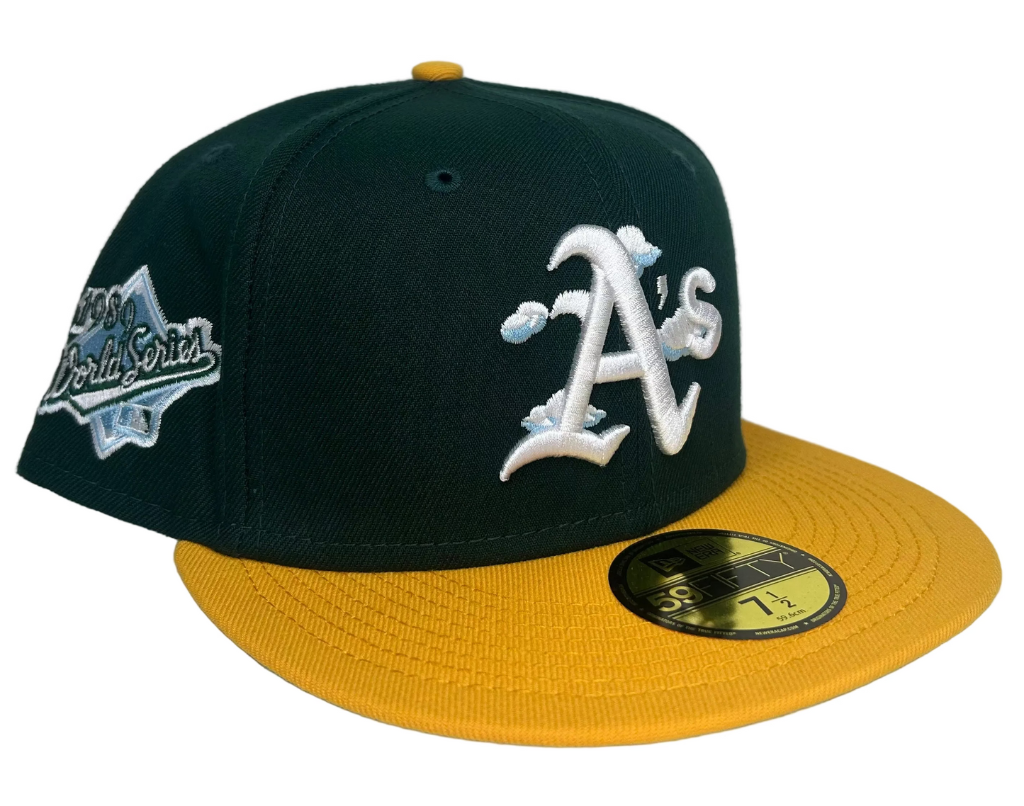 New Era Oakland Athletics "Comic Cloud" 59Fifty fitted hat featuring a cloud-themed logo and a 1989 World Series side patch.