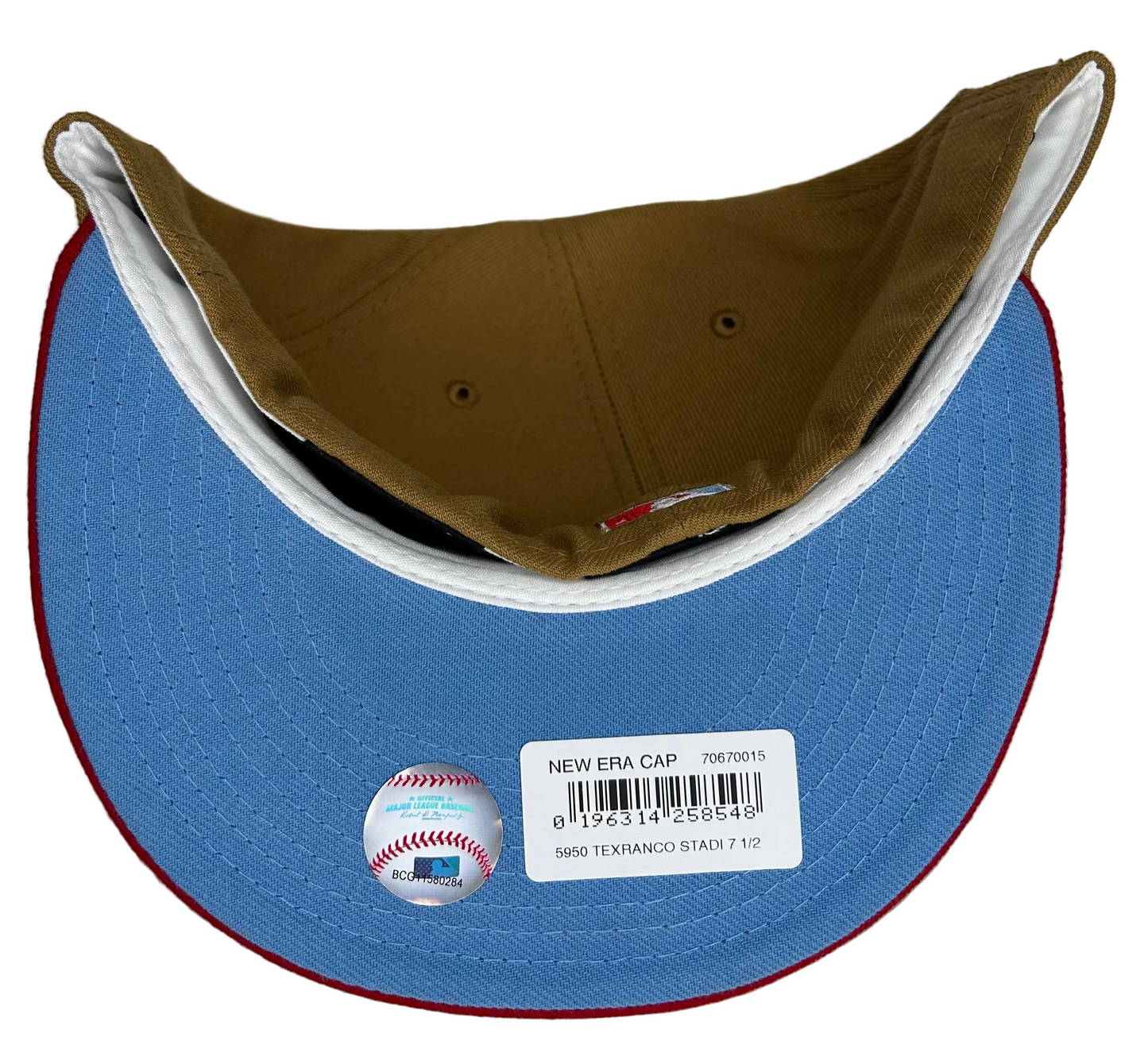 New Era Texas Rangers Arlington Stadium patch fitted cap with a brown crown and red visor.