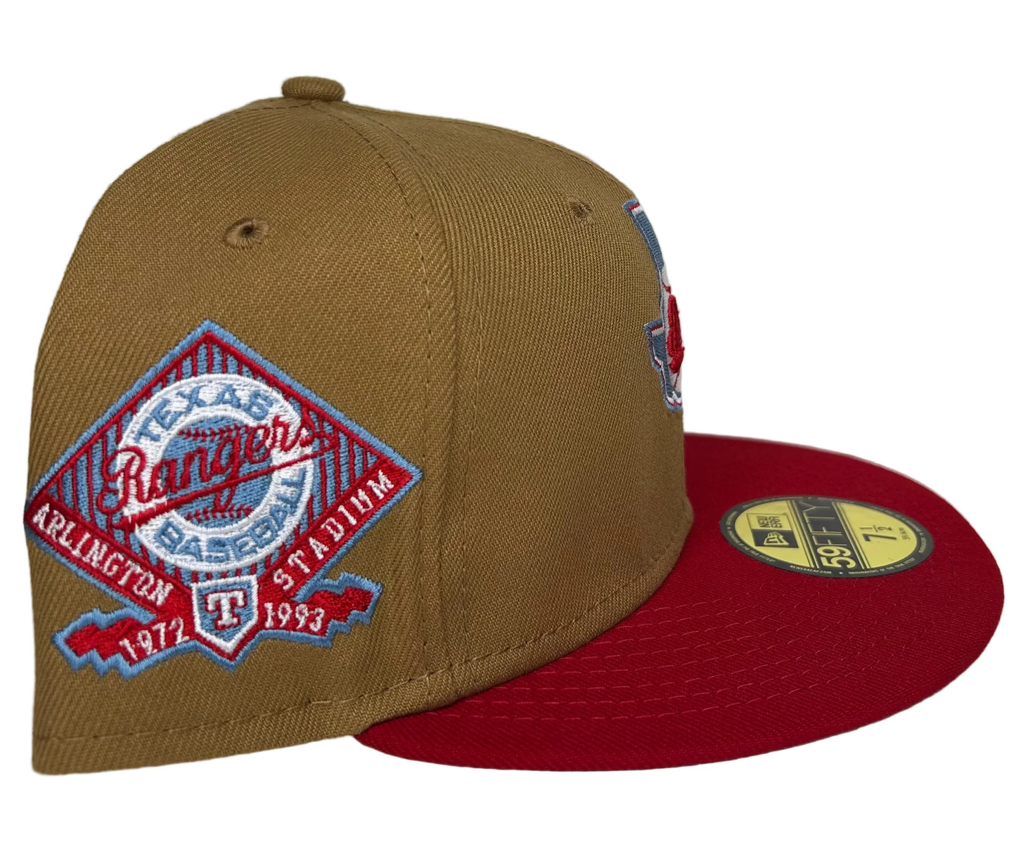 New Era Texas Rangers Arlington Stadium patch fitted cap with a brown crown and red visor.