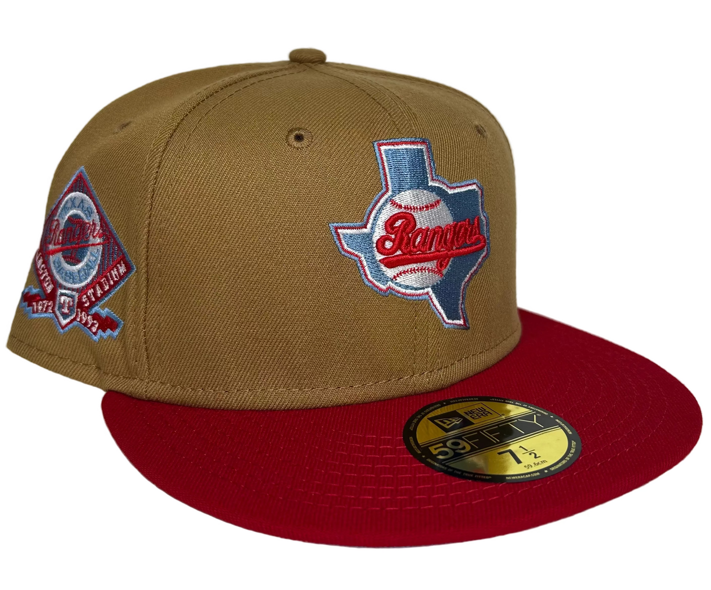New Era Texas Rangers Arlington Stadium patch fitted cap with a brown crown and red visor.