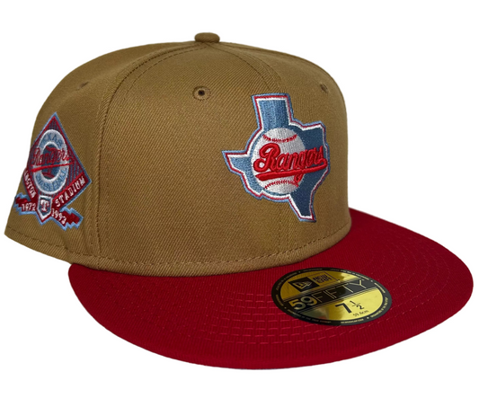 New Era Texas Rangers Arlington Stadium patch fitted cap with a brown crown and red visor.