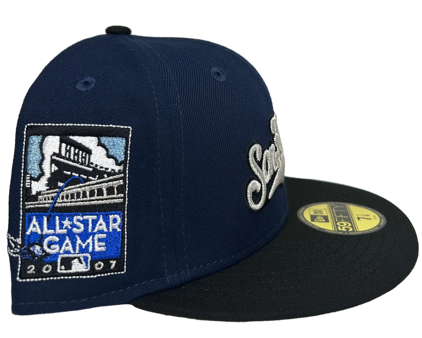 New Era San Francisco Giants 2007 All-Star Game custom fitted hat featuring a navy blue crown, black visor, and gray undervisor.
