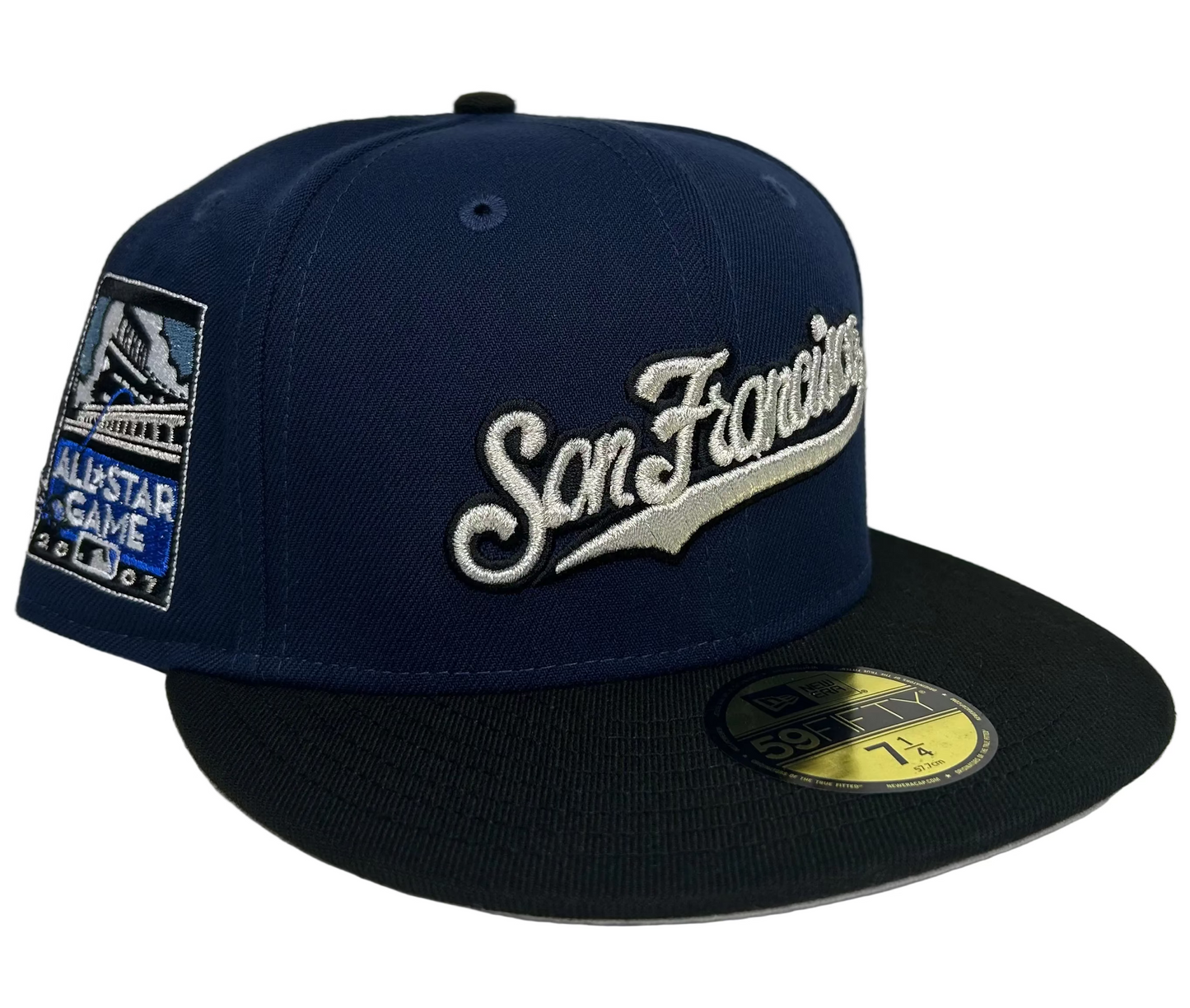 New Era San Francisco Giants 2007 All-Star Game custom fitted hat featuring a navy blue crown, black visor, and gray undervisor.