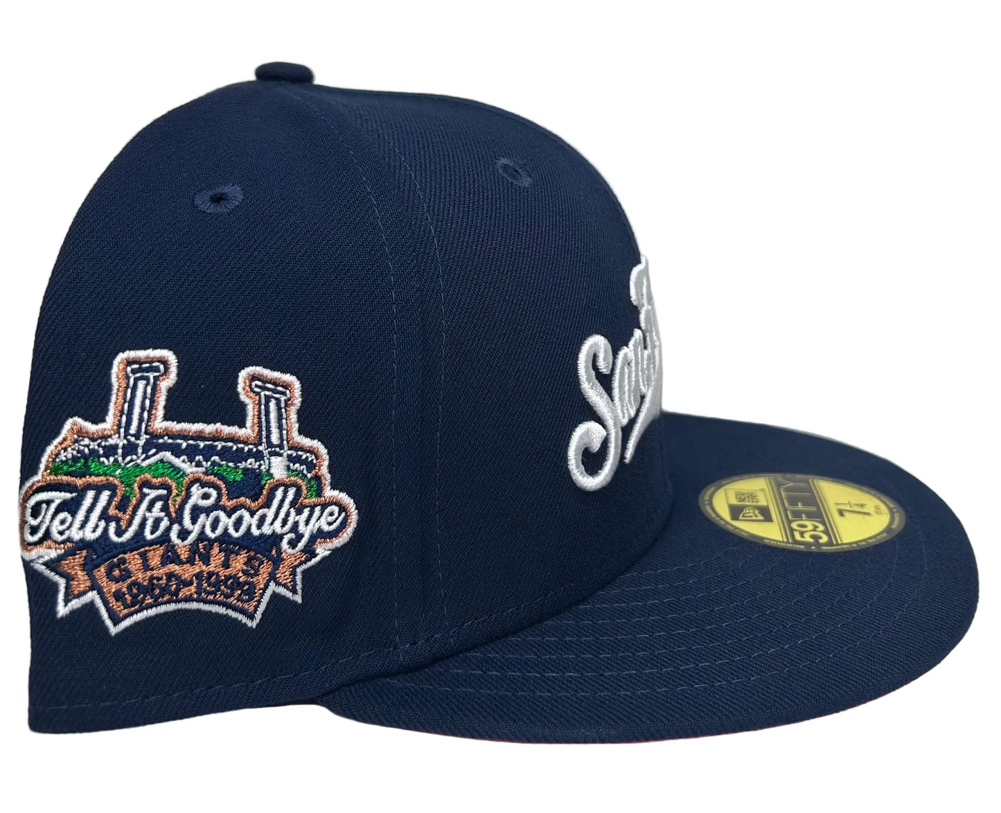 San Francisco Giants  Script Navy W/ Coral UV “Tell It Goodbye” Patch New Era 59Fifty fitted Hat.
