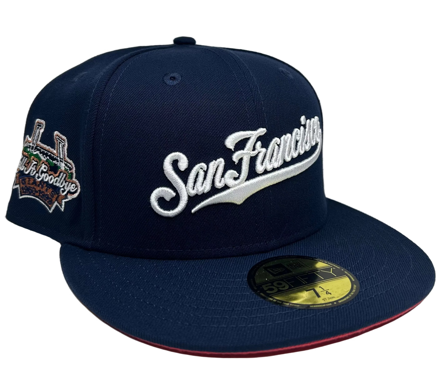 San Francisco Giants  Script Navy W/ Coral UV “Tell It Goodbye” Patch New Era 59Fifty fitted Hat.